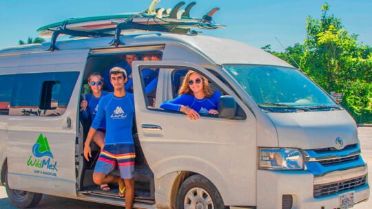 WildMex guest and staff inside the surf shuttle from Puerto Vallarta to Punta Mita