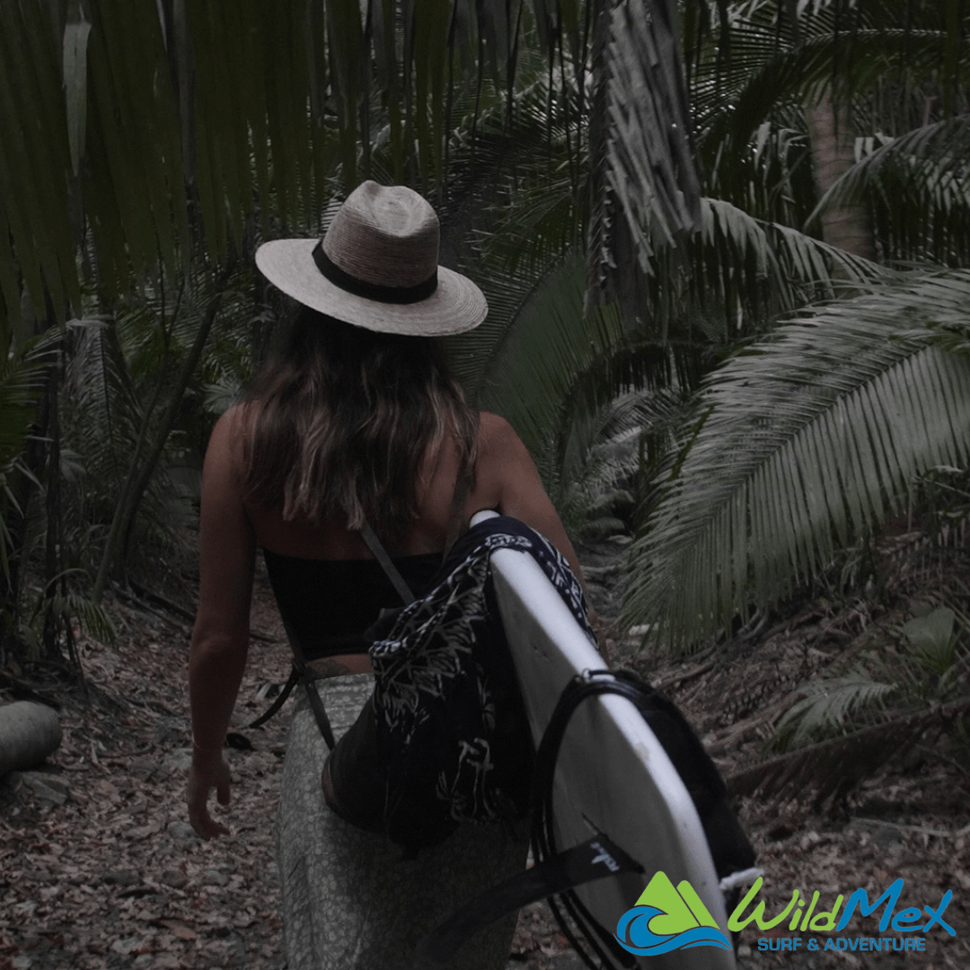 Girl surfer walking through the jungle carrying a surfboard
