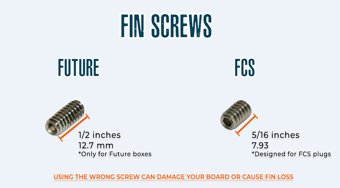 Future surfboard fin screw and FCS surfboard fin screw with size details