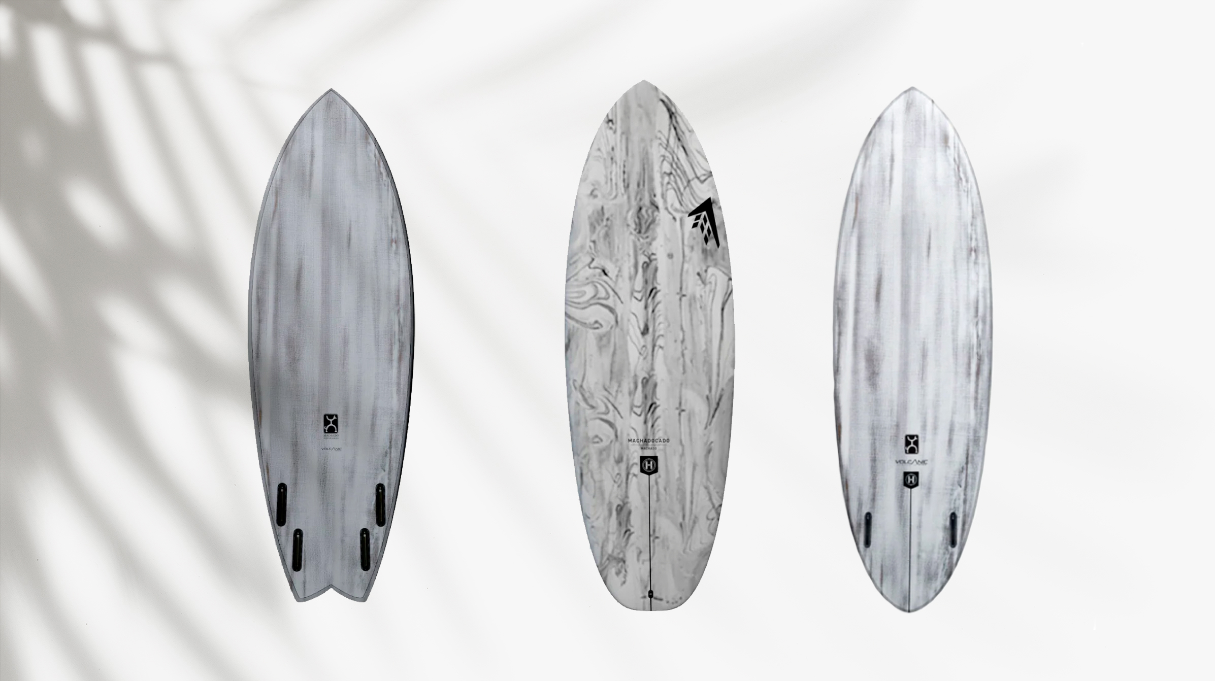 Surfboards showing different tail shapes: fish, square, and pin