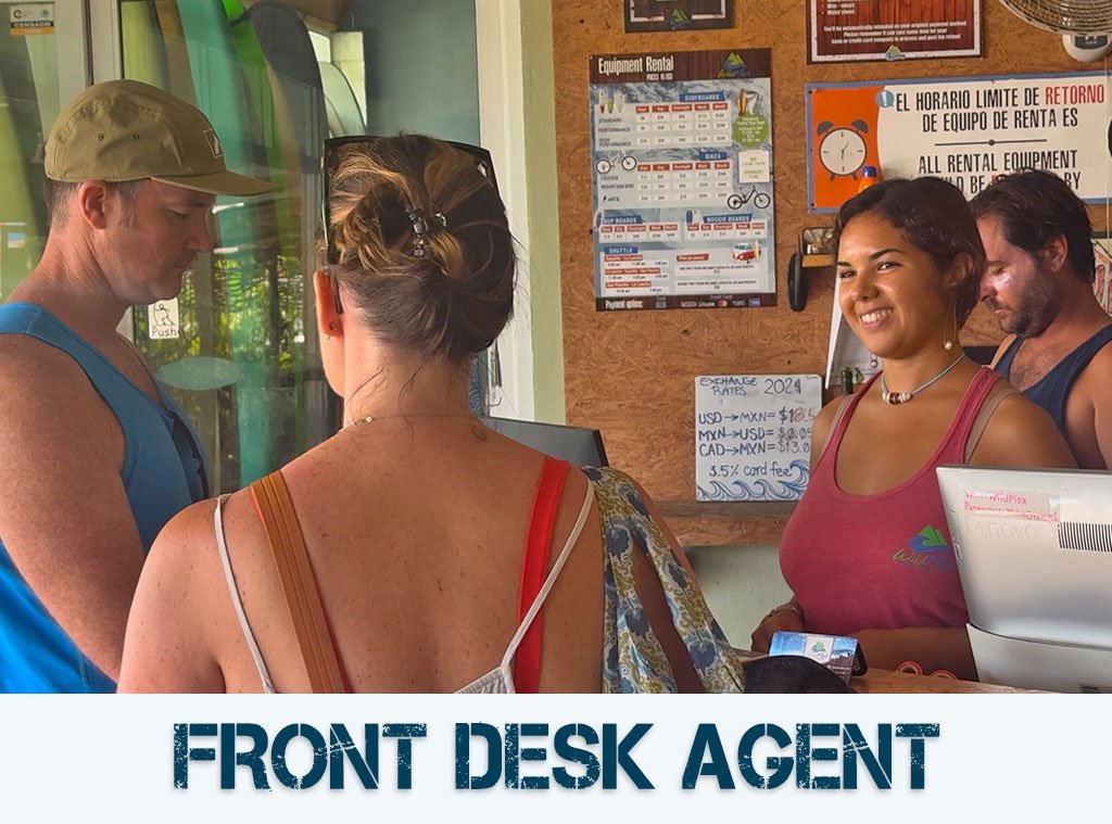 Front desk agent welcoming guests at WildMex Surf School