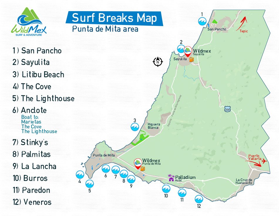 Surf map of Punta Mita and Sayulita showing 12 top surf breaks along the coastline