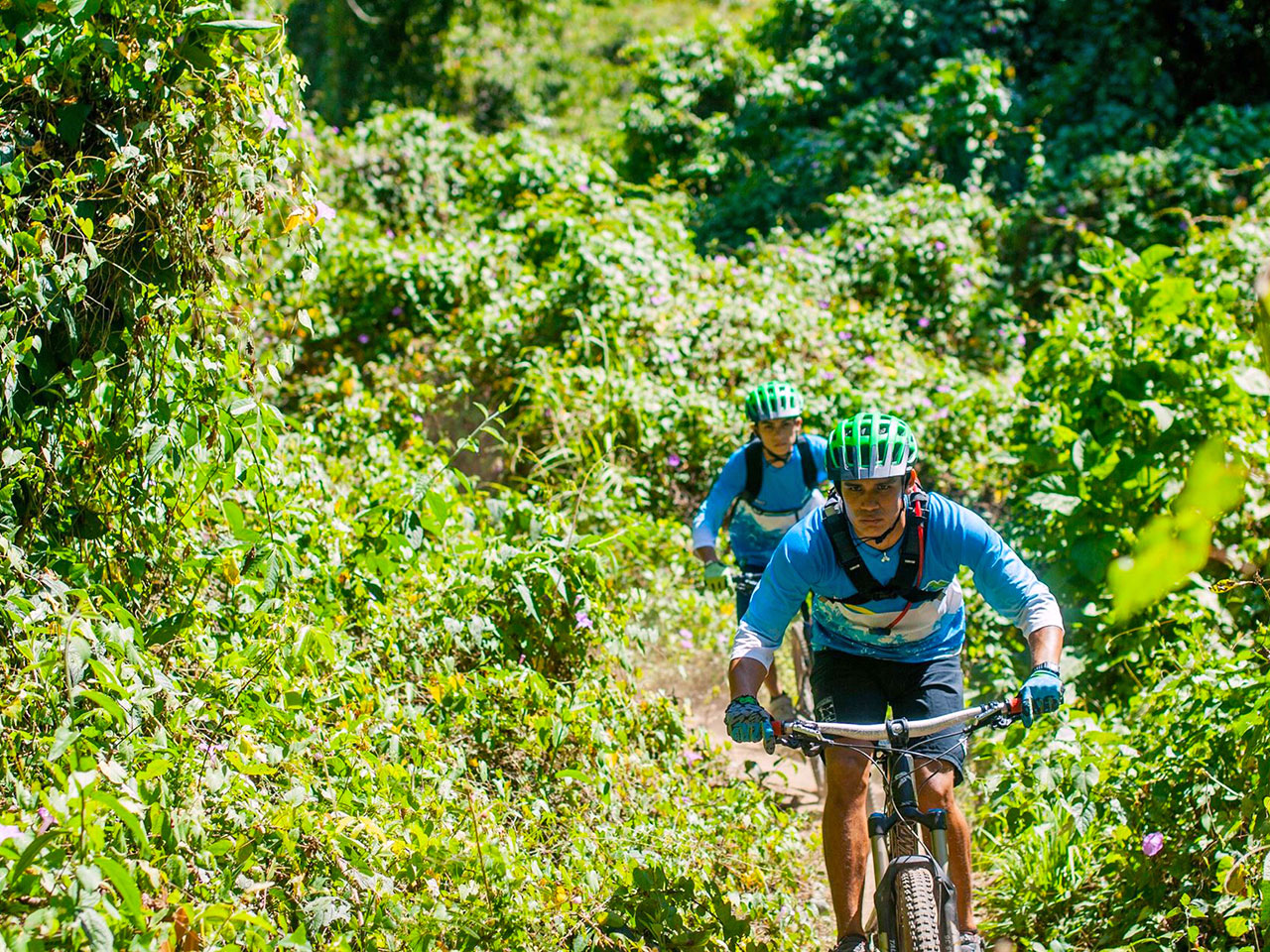 Two cyclists riding Malpaso trail surrounded by lush jungle vegetation in Sayulita